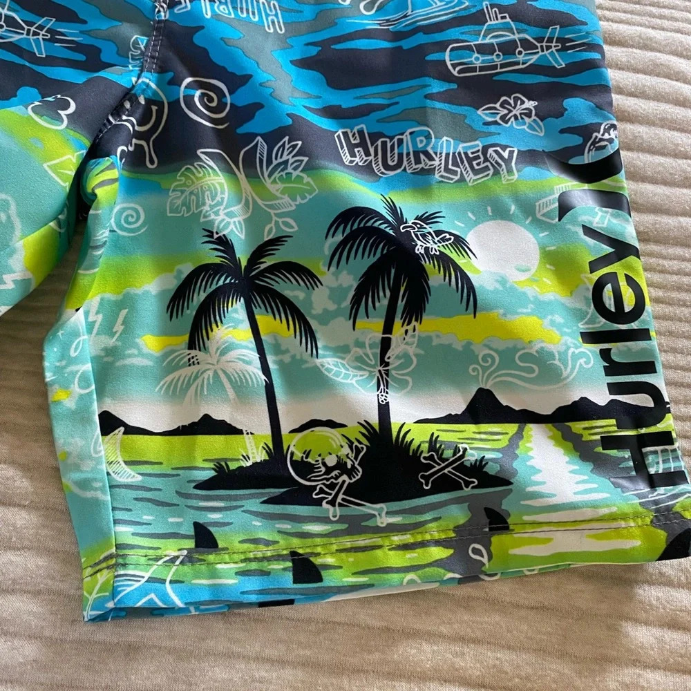 Hurley Boys Board Shorts Bathing Suit Pockets Tie Closure Palm Trees size 12 - Picture 5 of 12